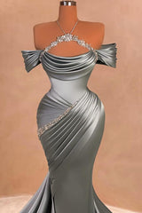 Gray Off The Shoulder Satin Mermaid Long Prom Dress Bodice Detail