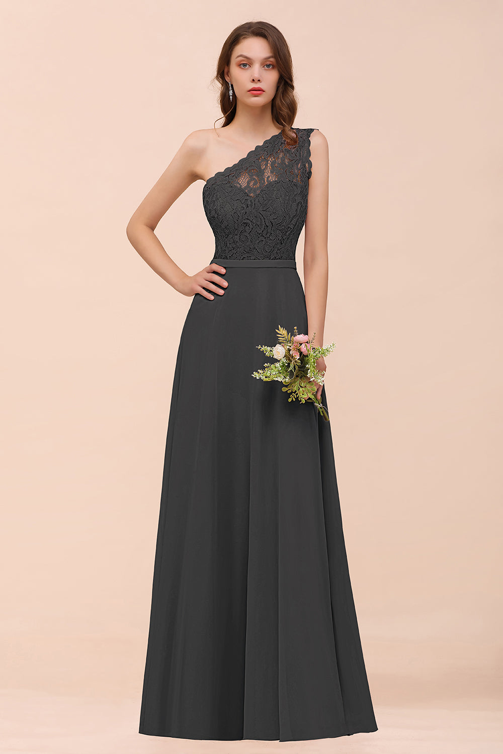 Gray One Shoulder Chiffon A-Line Long Bridesmaid Dress