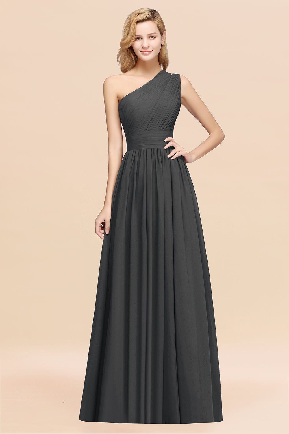 Gray One Shoulder Chiffon A-Line Long Bridesmaid Dress