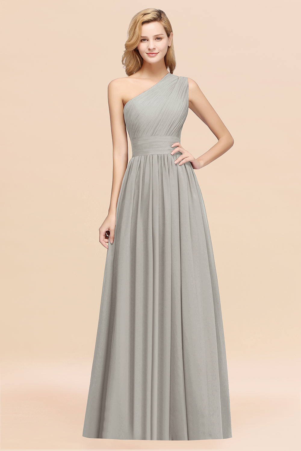 Gray One Shoulder Chiffon A-Line Long Bridesmaid Dress