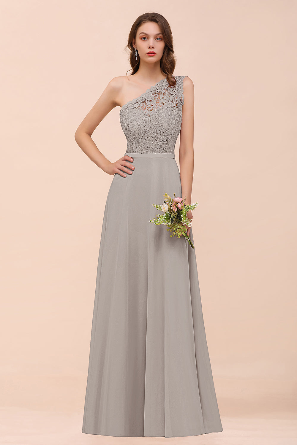 Gray One Shoulder Chiffon A-Line Long Bridesmaid Dress