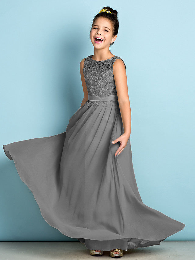 Gray Scoop Neck Chiffon A-Line Flower Girl Dress