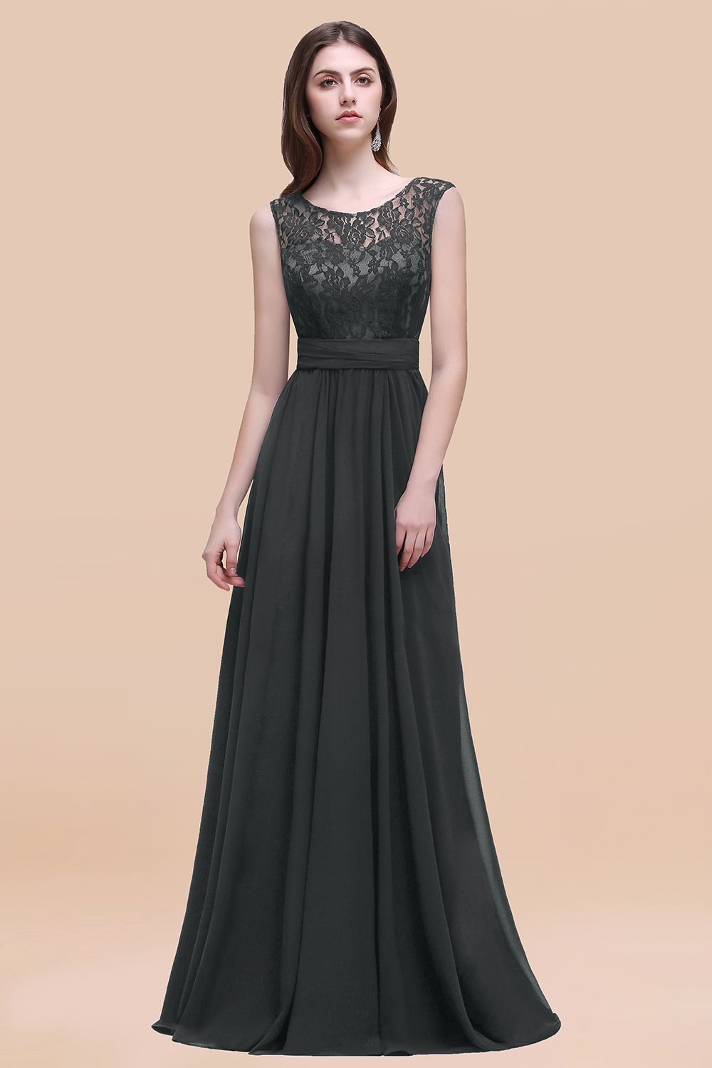 Gray Scoop Neck Chiffon A-Line Long Bridesmaid Dress