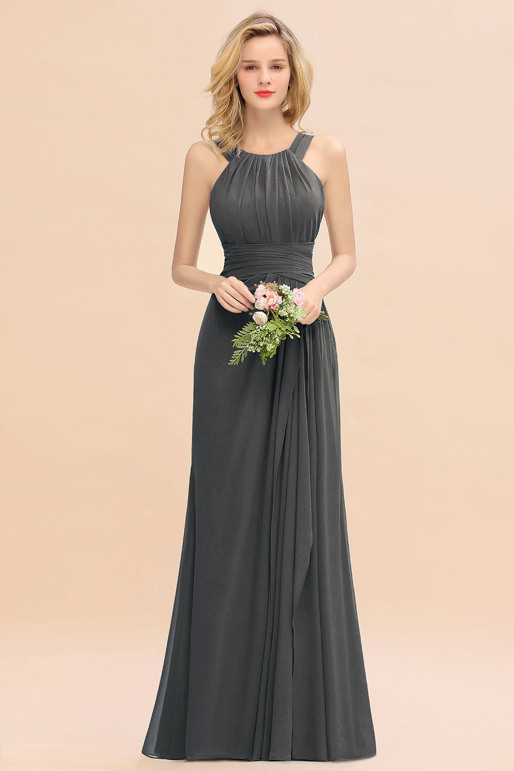 Gray Scoop Neck Chiffon A-Line Long Bridesmaid Dress