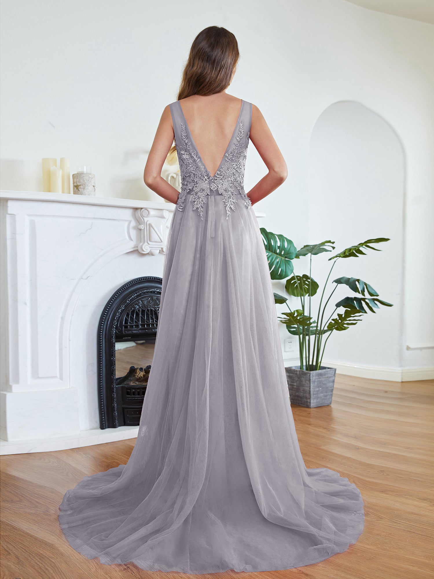Gray Scoop Neck Tulle A-Line Long Bridesmaid Dress Back View