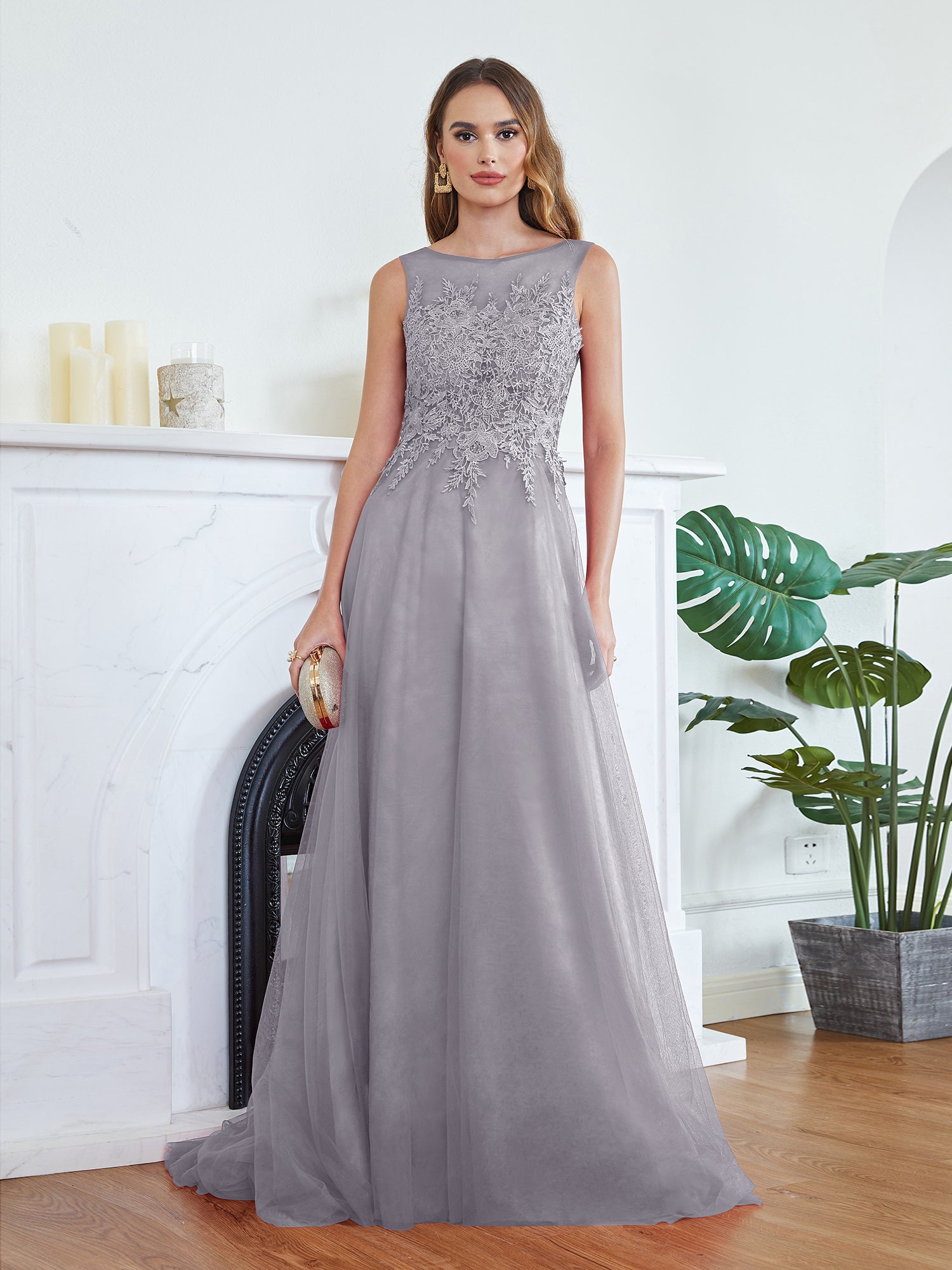 Gray Scoop Neck Tulle A-Line Long Bridesmaid Dress