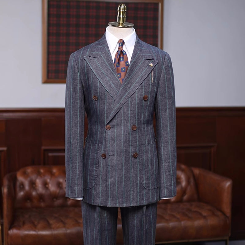 Gray Striped Peak Lapel Double Breasted Two Piece Men's Suit