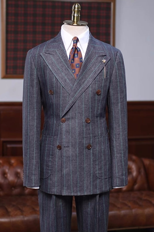 Gray Striped Peak Lapel Double Breasted Two Piece Men's Suit