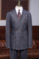 Gray Striped Peak Lapel Double Breasted Two Piece Men's Suit