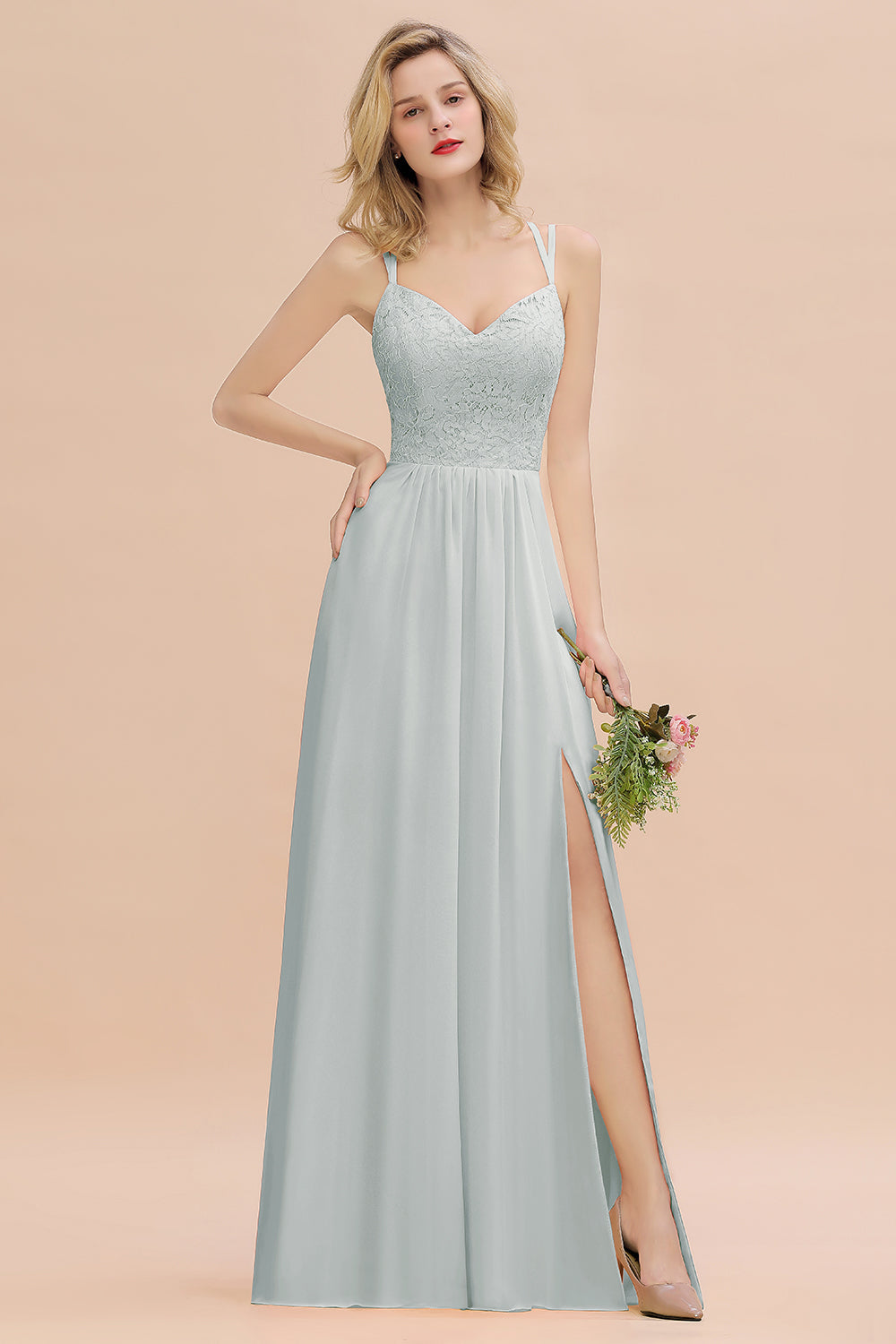 Gray Sweetheart Chiffon A-Line Long Bridesmaid Dress with Slit