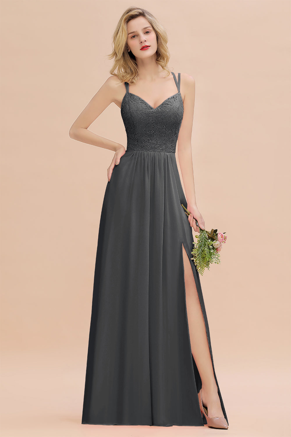 Gray Sweetheart Chiffon A-Line Long Bridesmaid Dress with Slit
