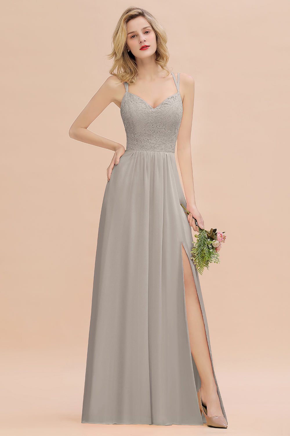Gray Sweetheart Chiffon A-Line Long Bridesmaid Dress with Slit