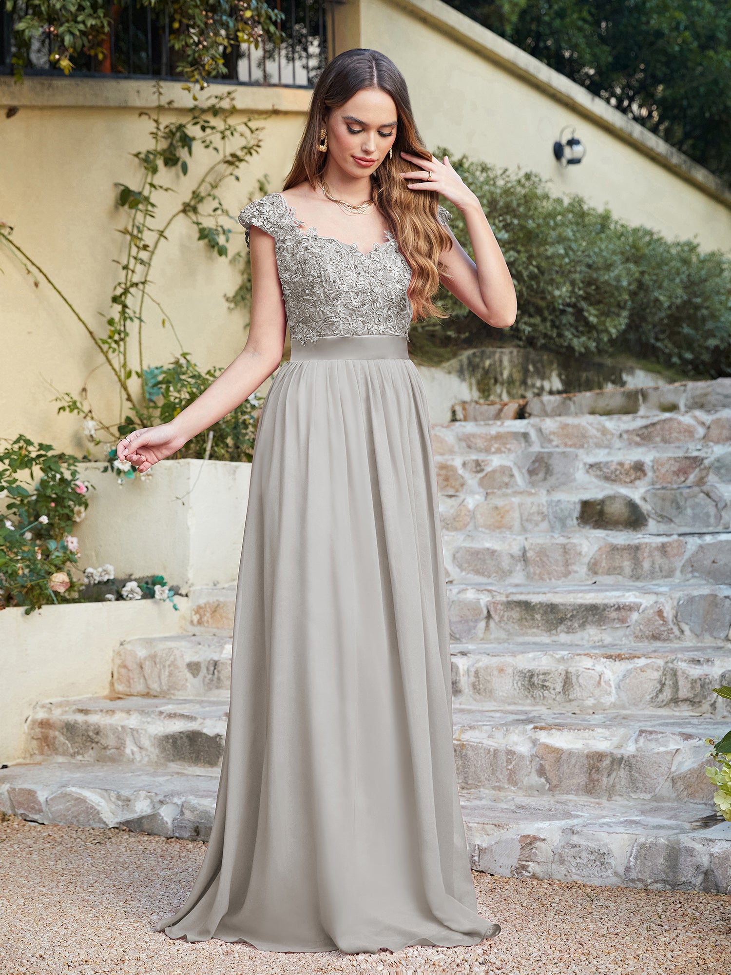 Gray V-Neck A-Line Long Bridesmaid Dress with Lace Appliques
