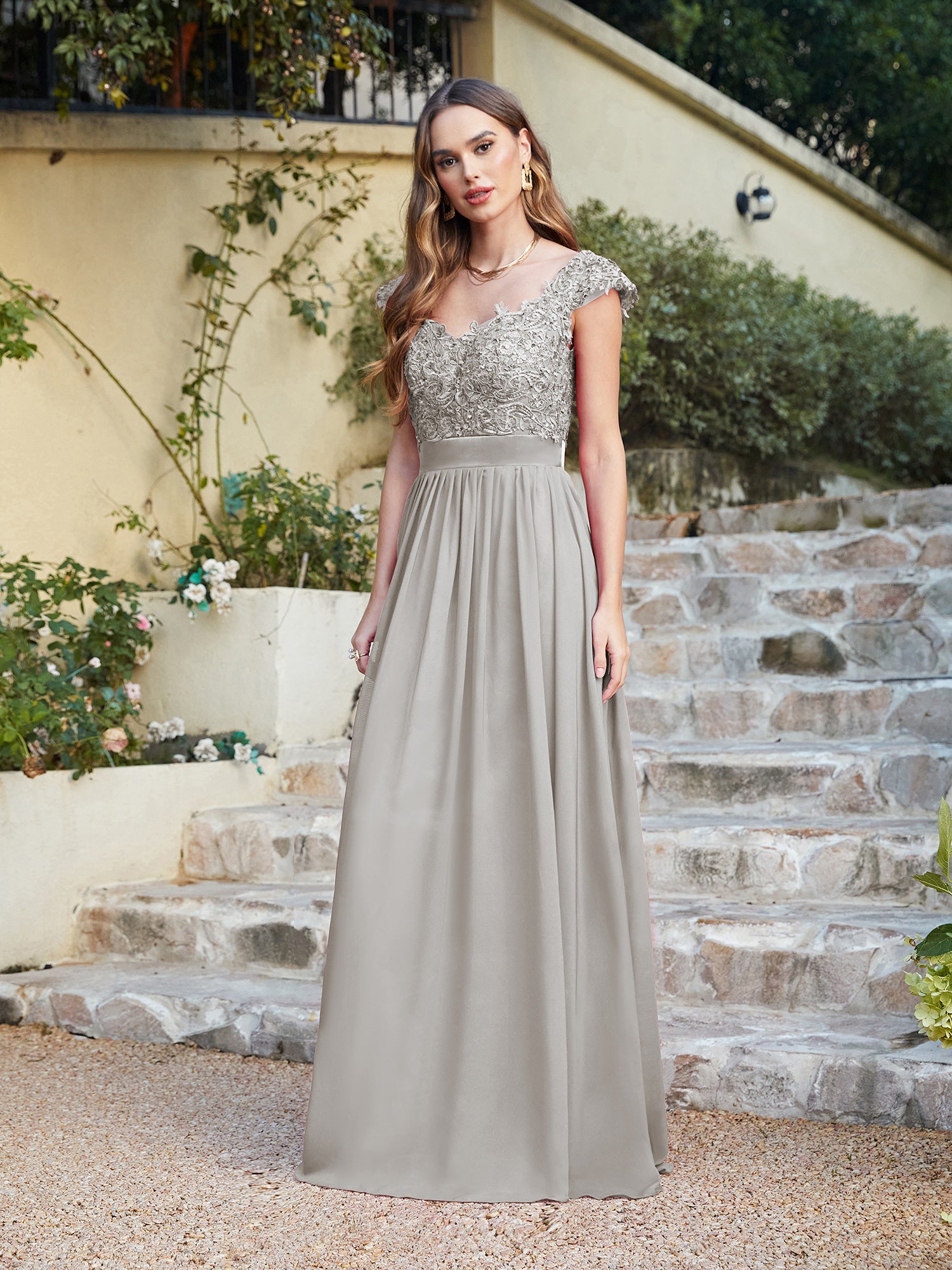 Gray V-Neck A-Line Long Bridesmaid Dress with Lace Appliques
