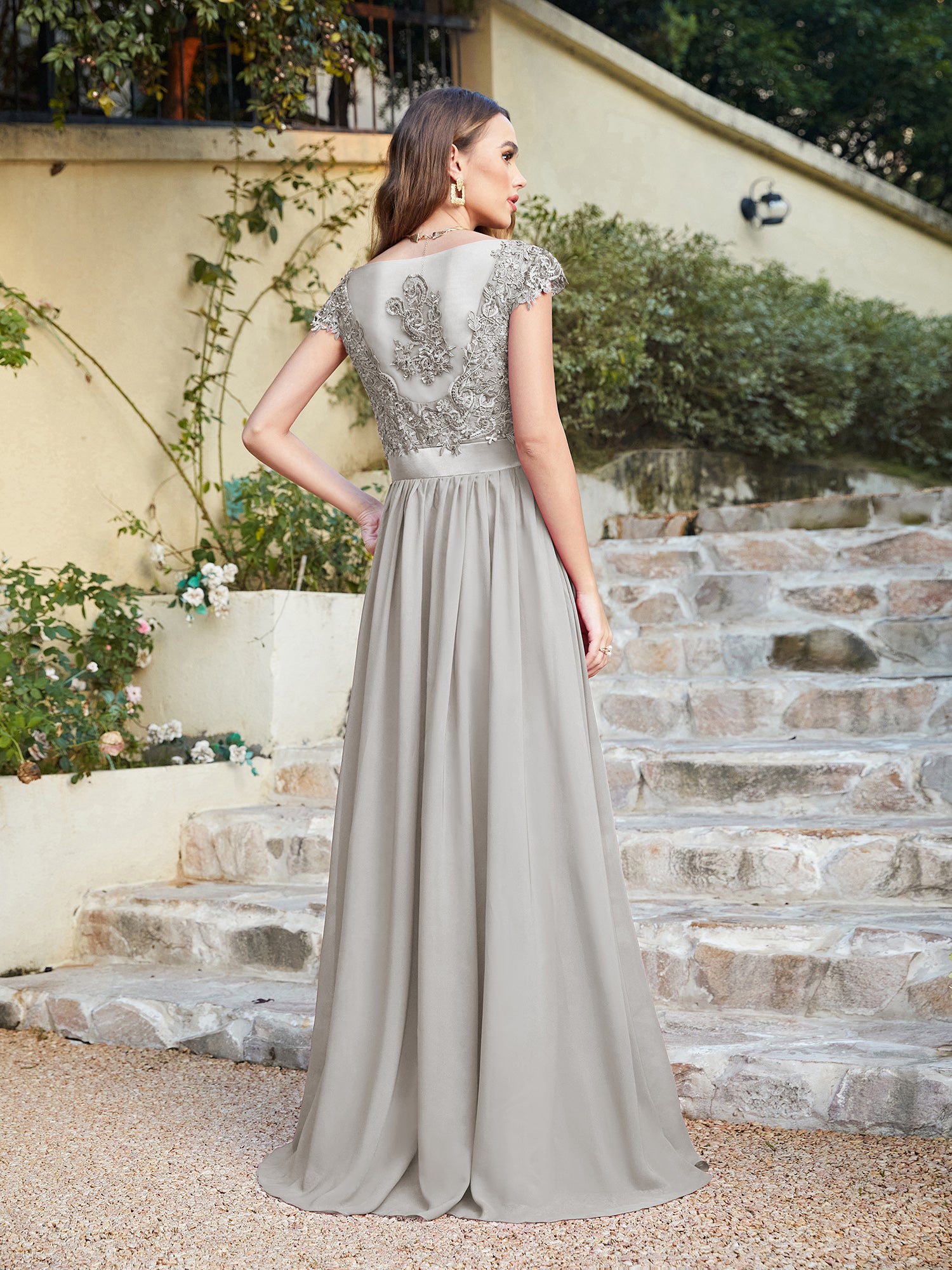 Gray V-Neck A-Line Long Bridesmaid Dress with Lace Appliques Back View