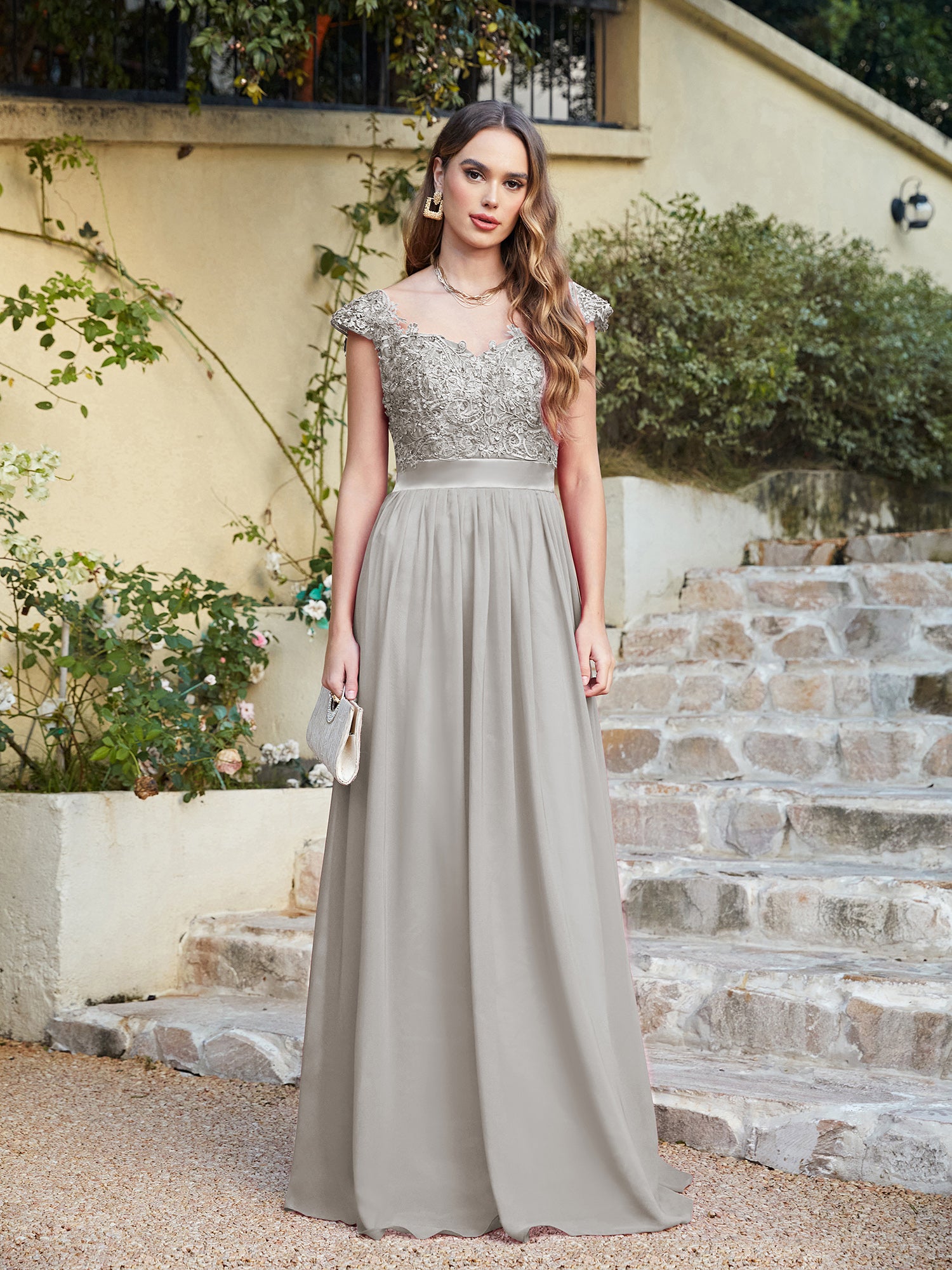 Gray V-Neck A-Line Long Bridesmaid Dress with Lace Appliques