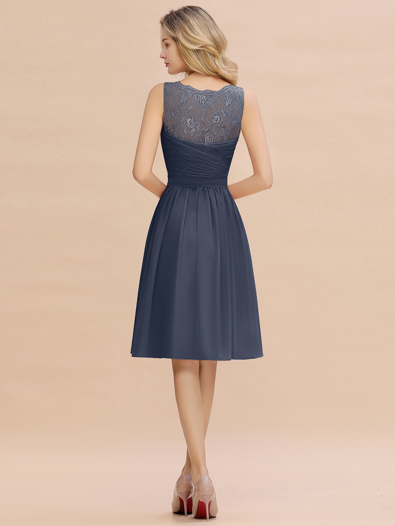Gray V-Neck Chiffon A-Line Bridesmaid Dress with Lace Appliques Back View