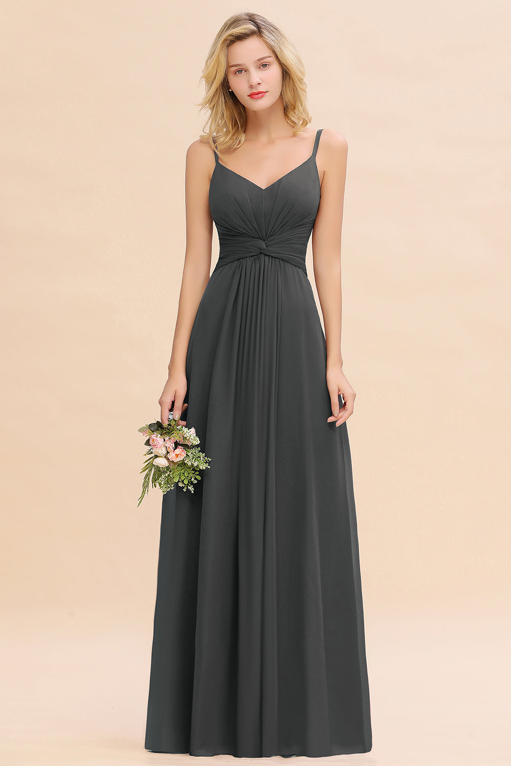 Gray V-Neck Chiffon A-Line Long Bridesmaid Dress with Ruching