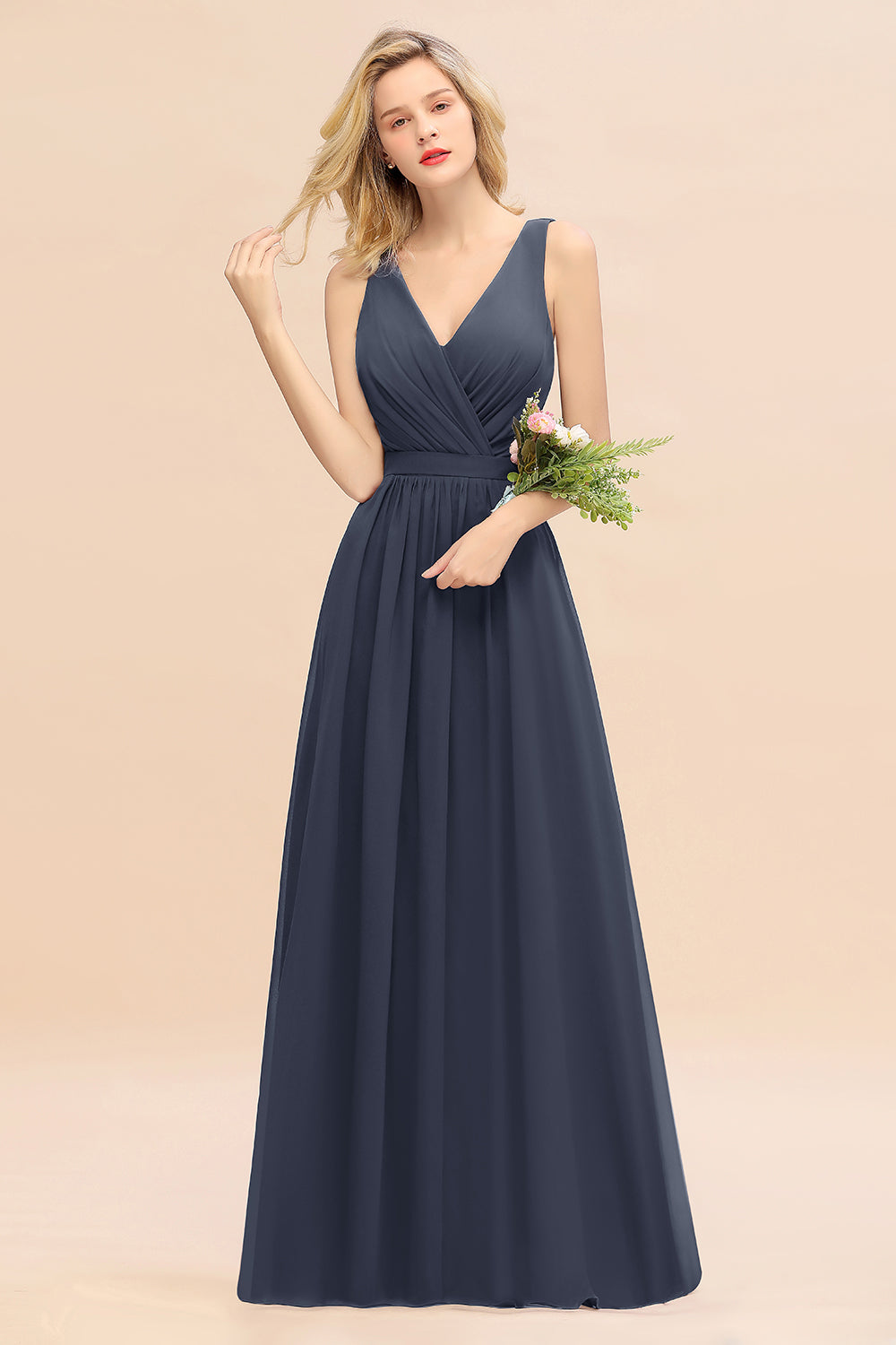 Gray V-Neck Chiffon A-Line Long Bridesmaid Dress with Ruching