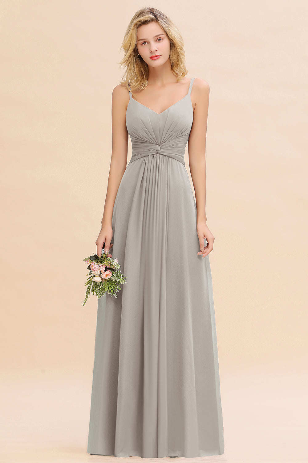 Gray V-Neck Chiffon A-Line Long Bridesmaid Dress with Ruching