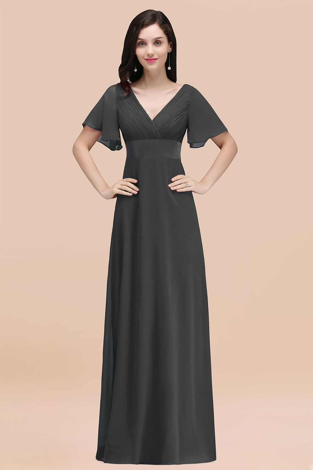 Gray V-Neck Chiffon Empire Long Bridesmaid Dress with Pleats