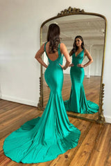 Green Deep V-Neck Mermaid Long Prom Dress with Rhinestones Back View