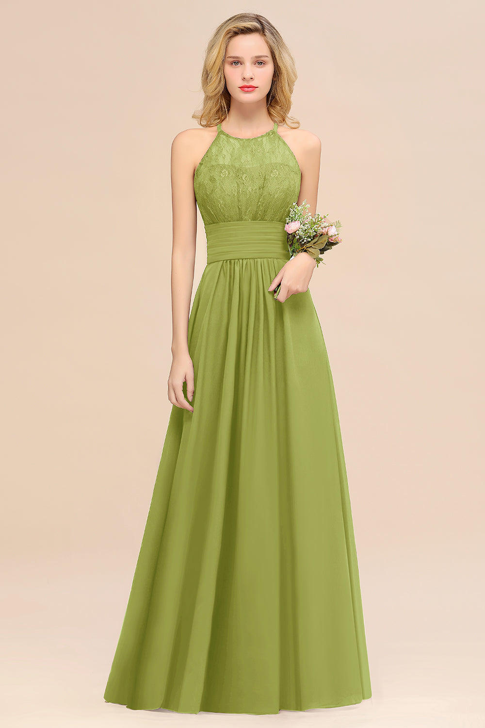 Green Halter Chiffon A-Line Long Bridesmaid Dress