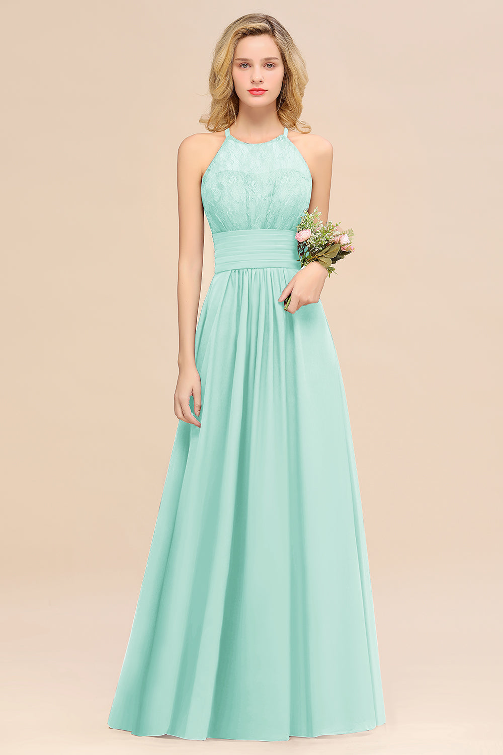 Green Halter Chiffon A-Line Long Bridesmaid Dress