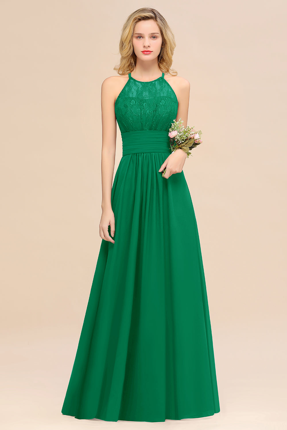 Green Halter Chiffon A-Line Long Bridesmaid Dress
