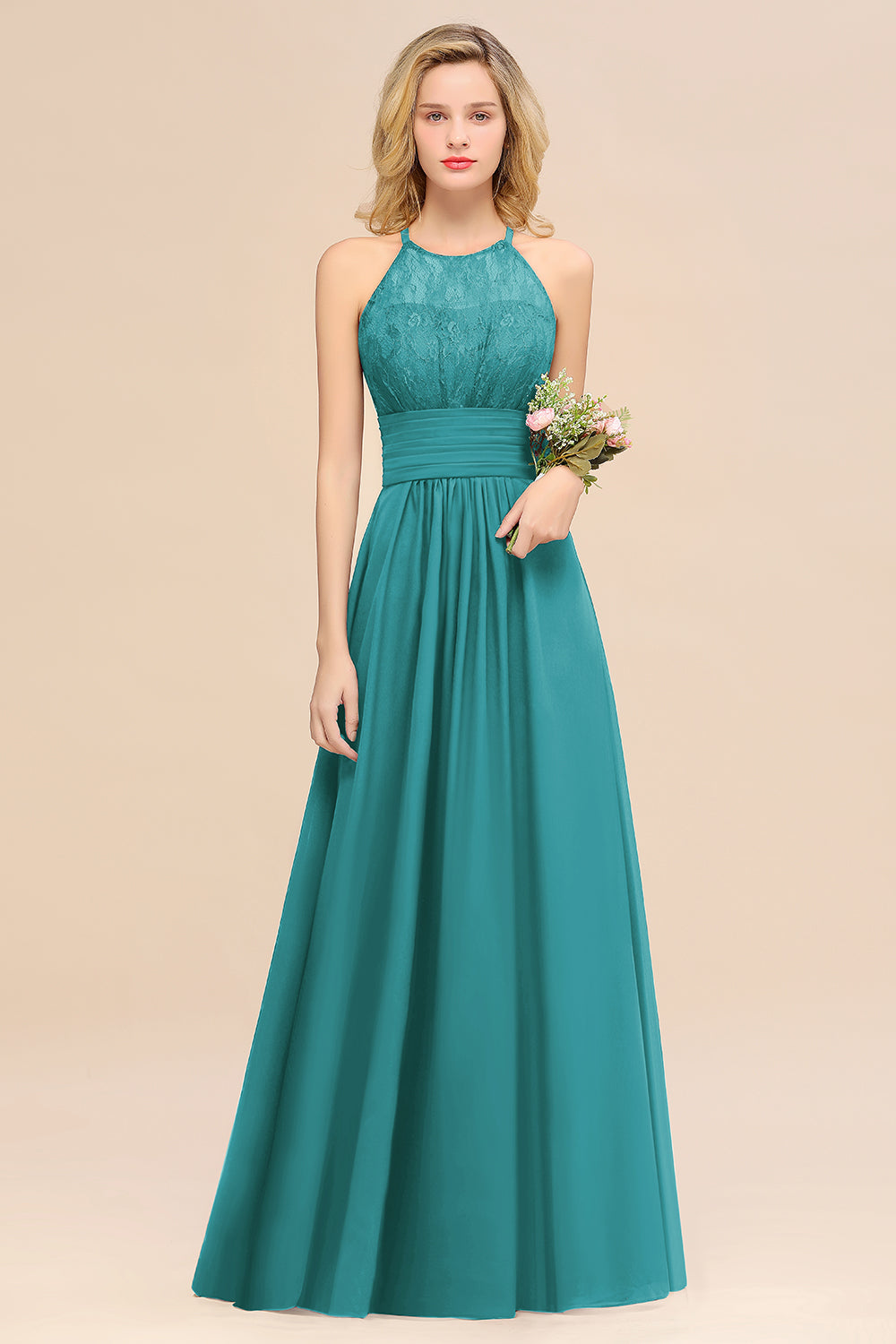 Green Halter Chiffon A-Line Long Bridesmaid Dress