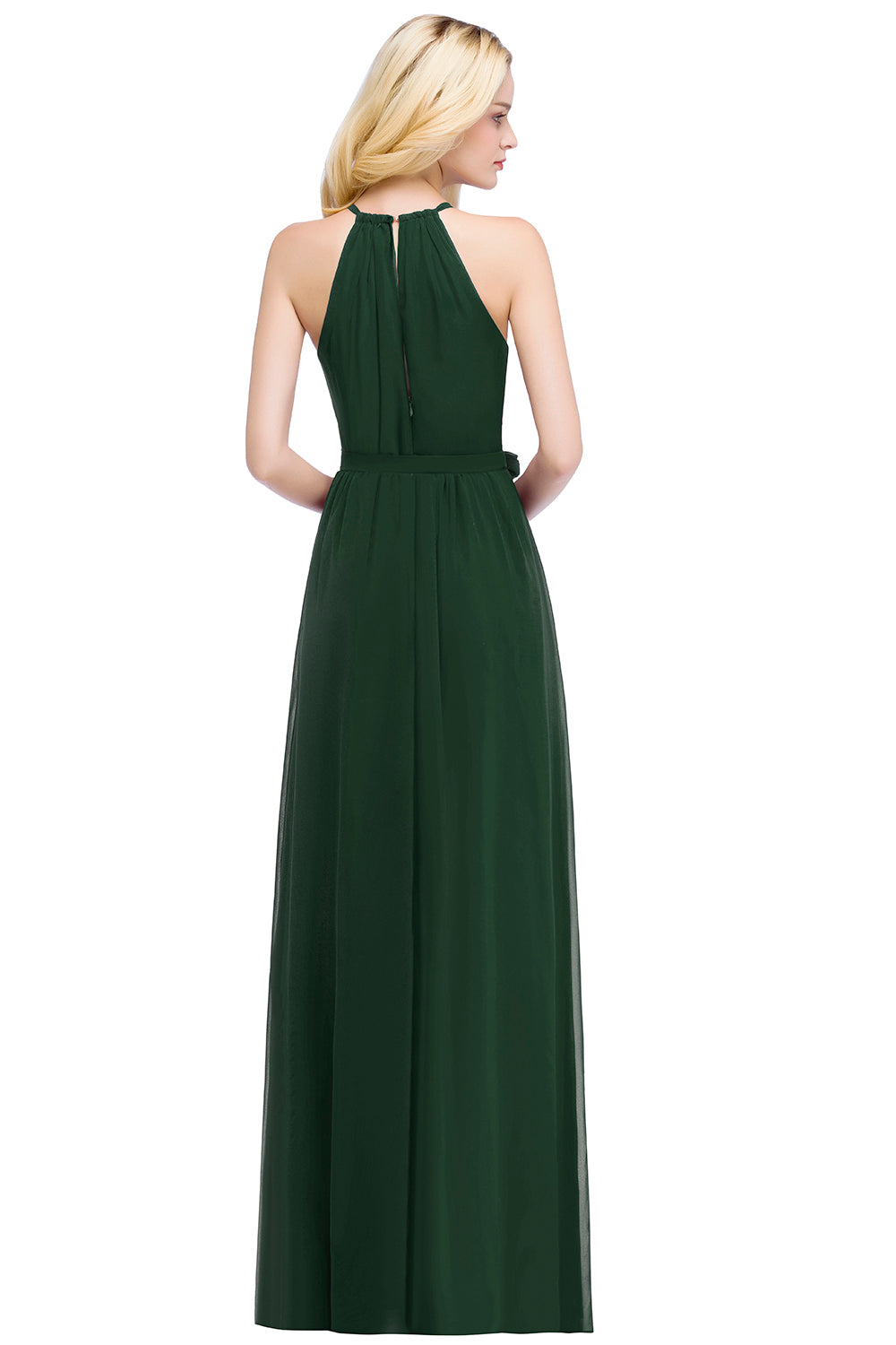 Green Halter Chiffon A-Line Long Bridesmaid Dress with Bow Back View