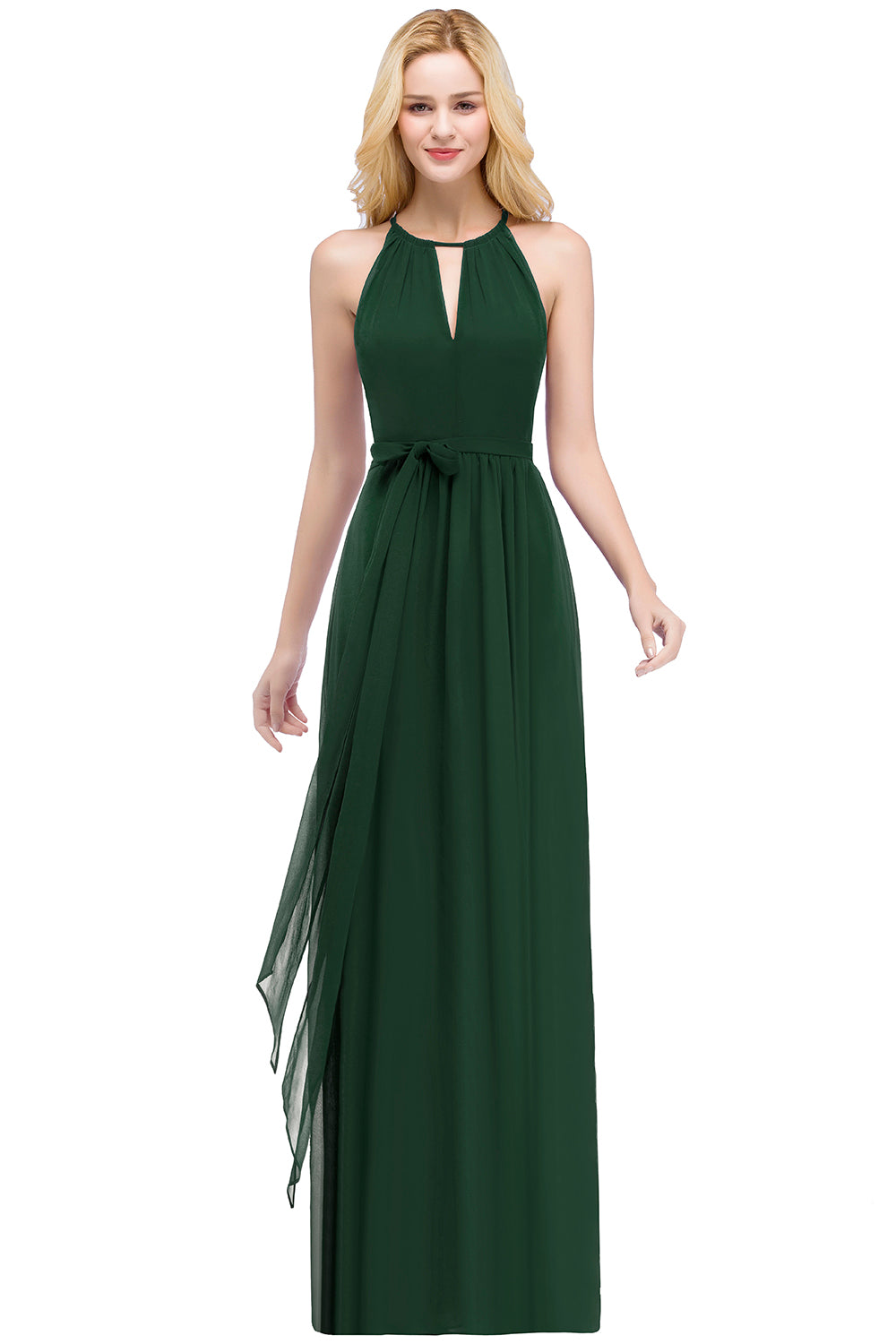 Green Halter Chiffon A-Line Long Bridesmaid Dress with Bow