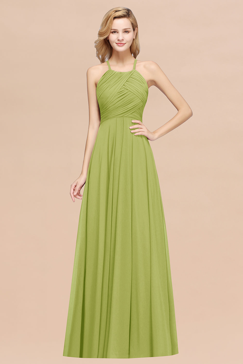Green Halter Chiffon A-Line Long Bridesmaid Dress with Ruching