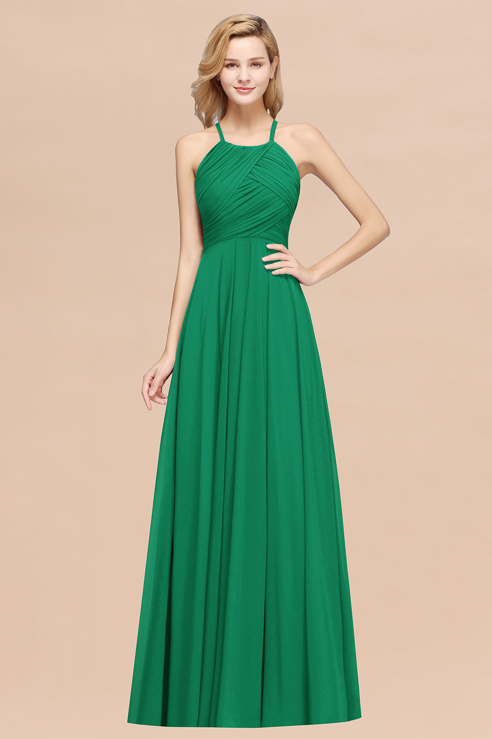 Green Halter Chiffon A-Line Long Bridesmaid Dress with Ruching