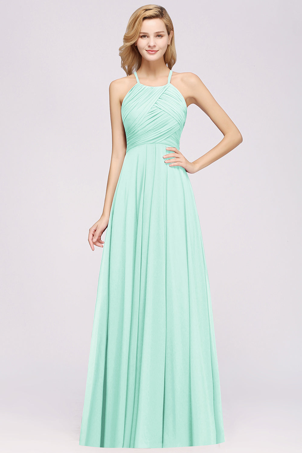 Green Halter Chiffon A-Line Long Bridesmaid Dress with Ruching