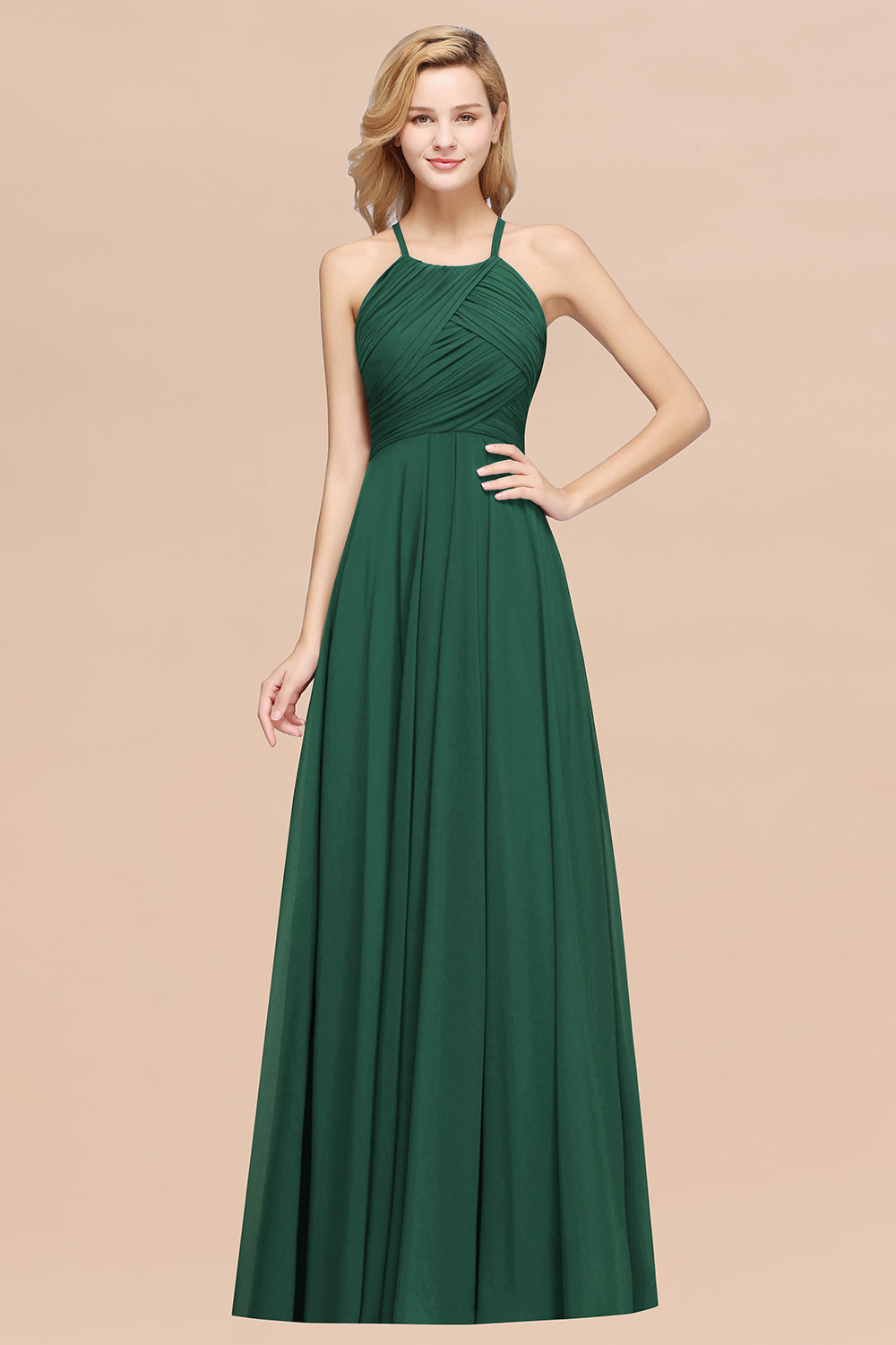 Green Halter Chiffon A-Line Long Bridesmaid Dress with Ruching