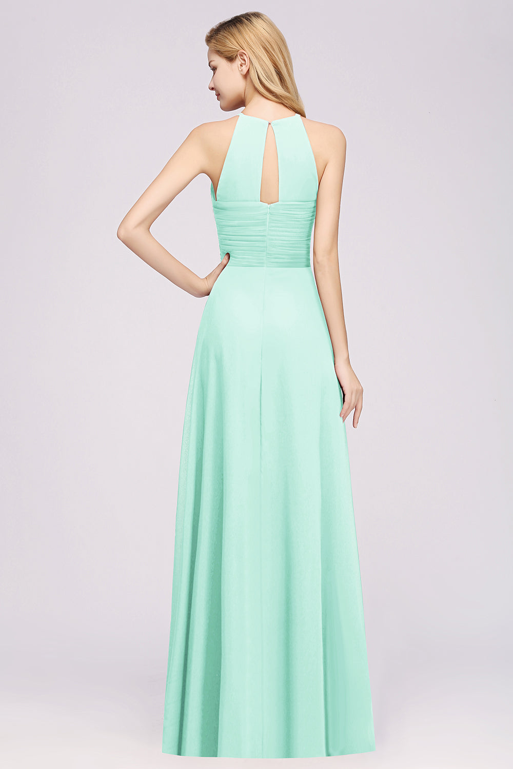 Green Halter Chiffon A-Line Long Bridesmaid Dress with Ruching Back View