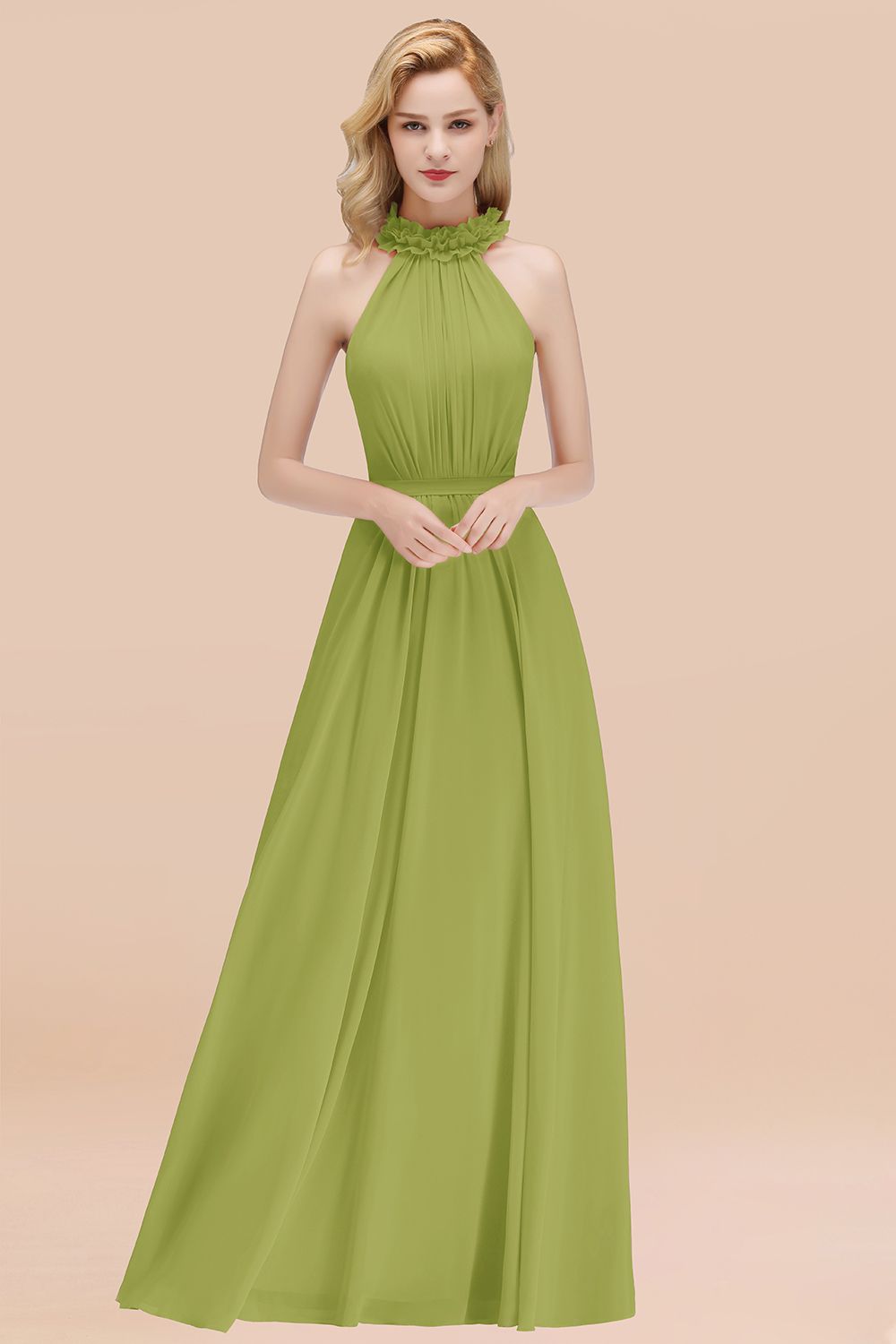 Green High Neck Chiffon A-Line Long Bridesmaid Dress