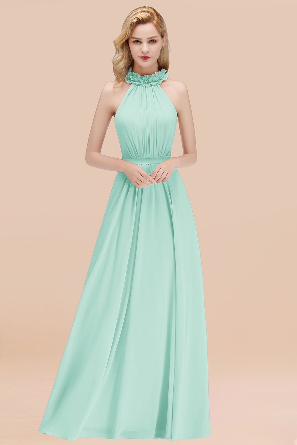 Green High Neck Chiffon A-Line Long Bridesmaid Dress