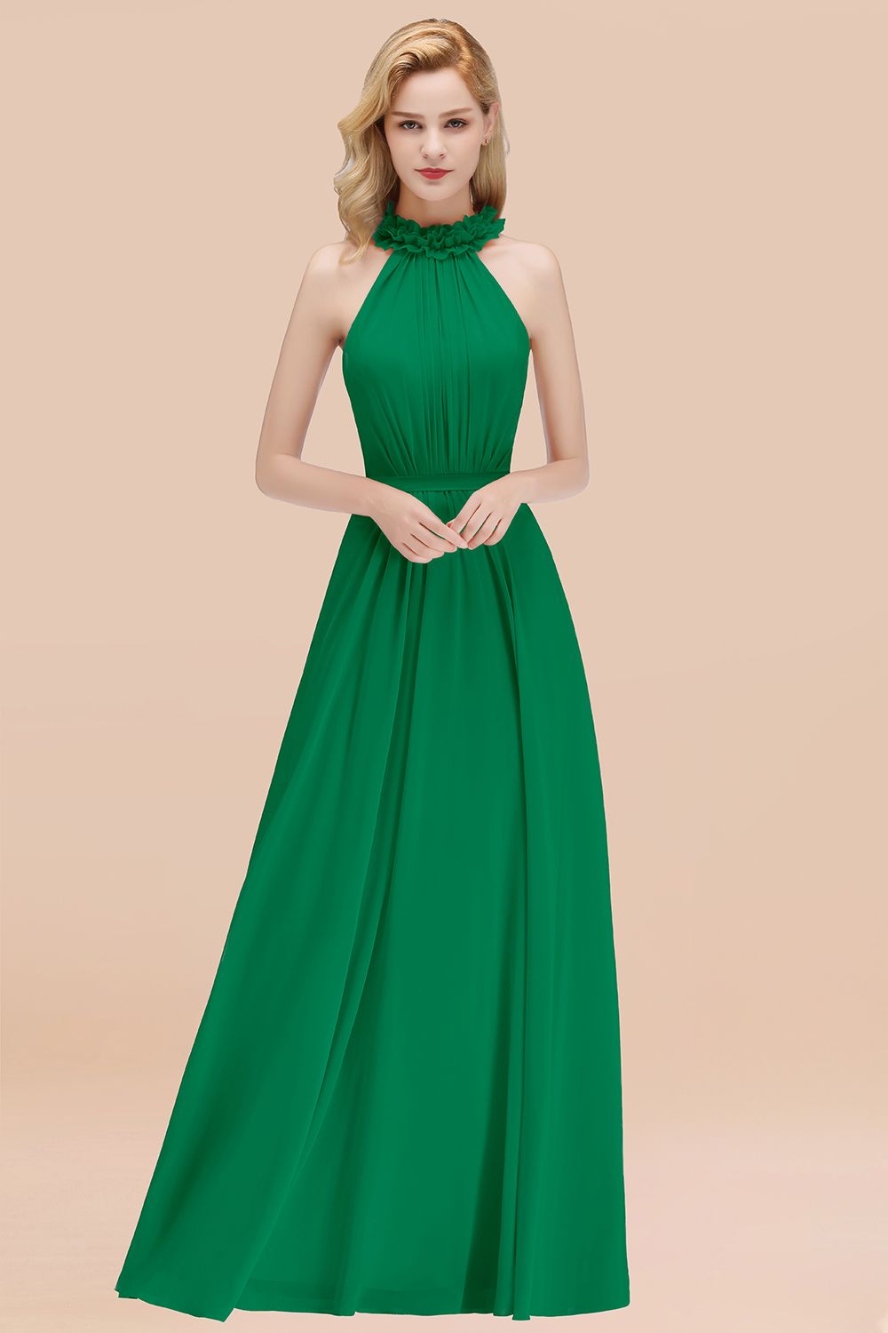 Green High Neck Chiffon A-Line Long Bridesmaid Dress