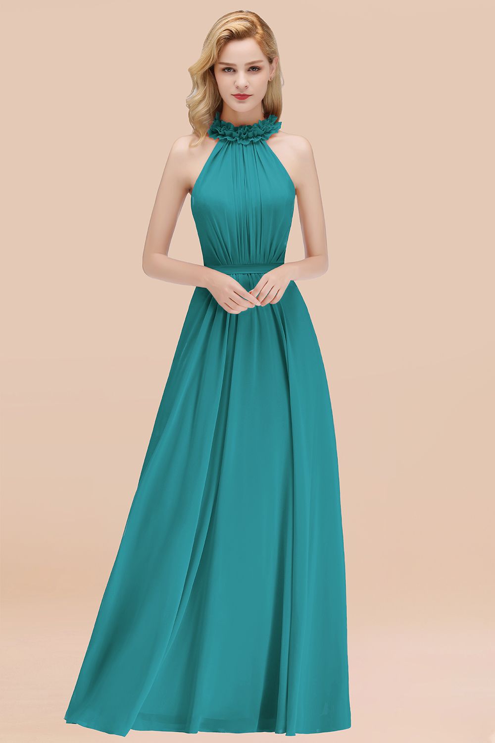 Green High Neck Chiffon A-Line Long Bridesmaid Dress
