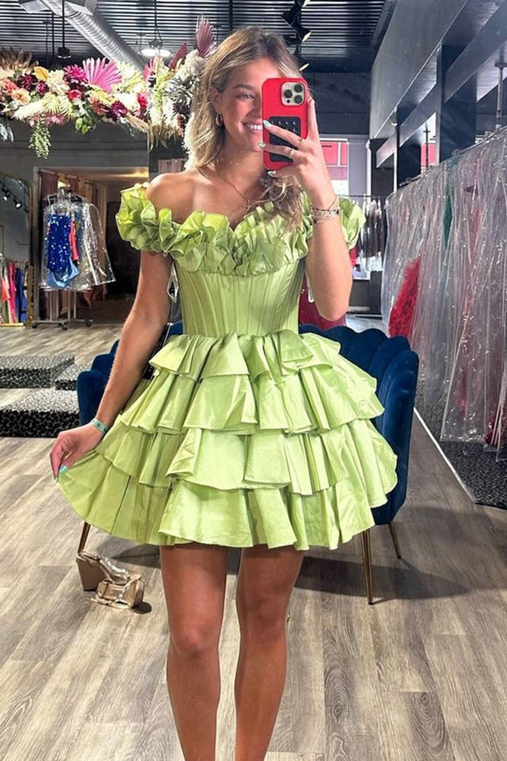 Green Off The Shoulder A-Line Homecoming Dress with Ruffles
