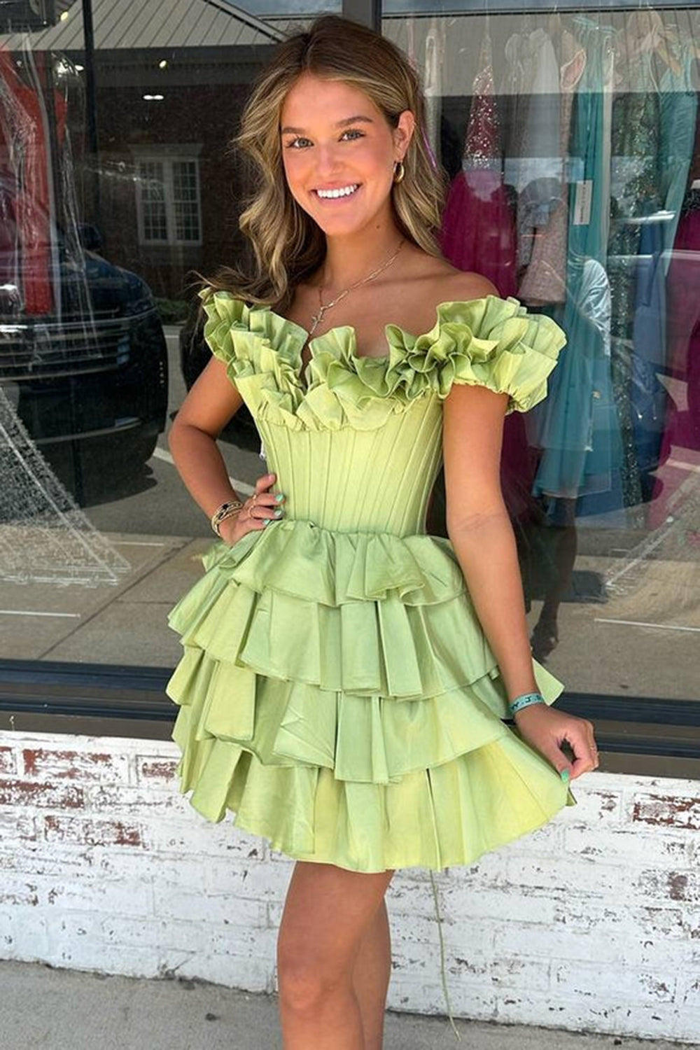 Green Off The Shoulder A-Line Homecoming Dress with Ruffles