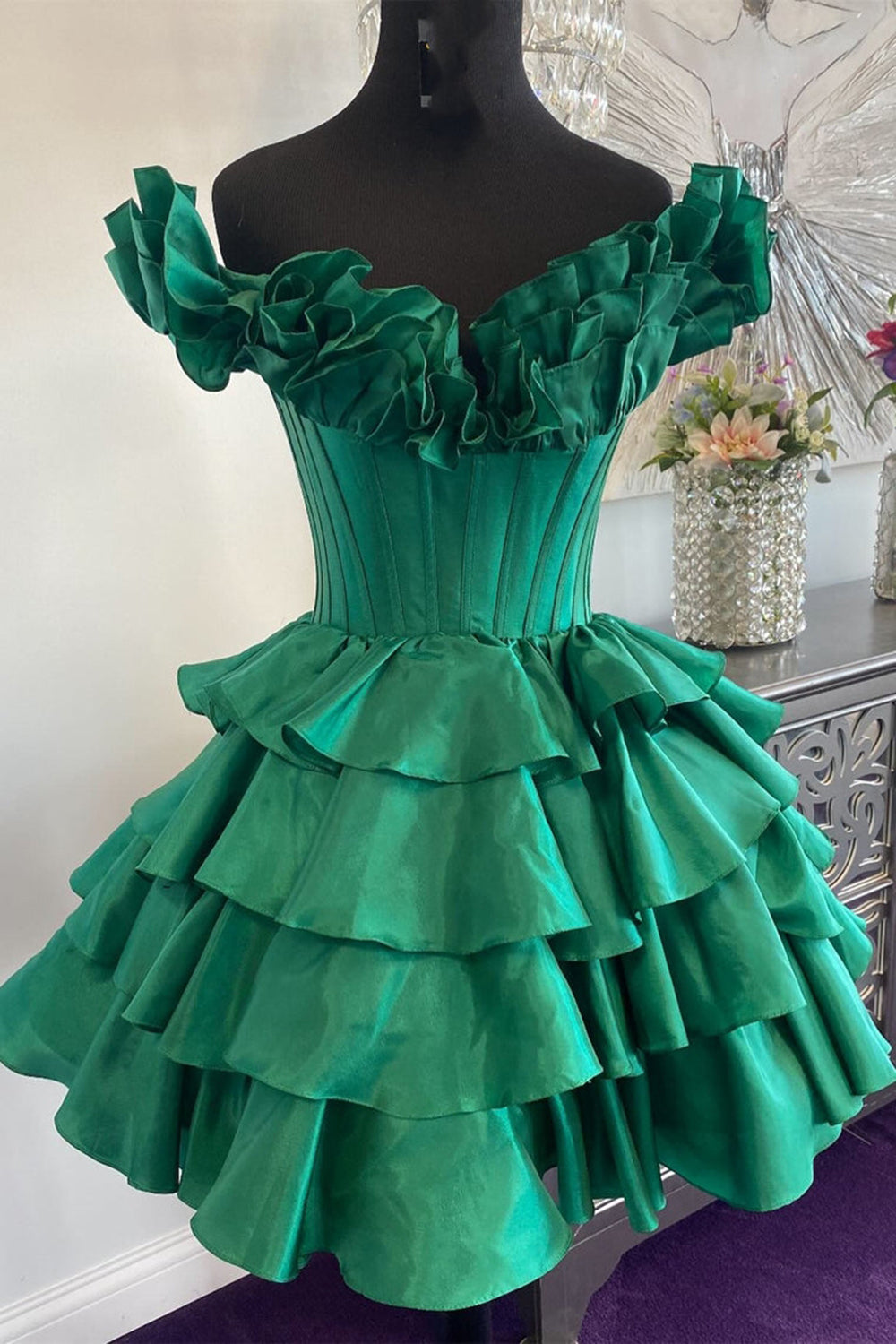 Green Off The Shoulder A-Line Homecoming Dress with Ruffles