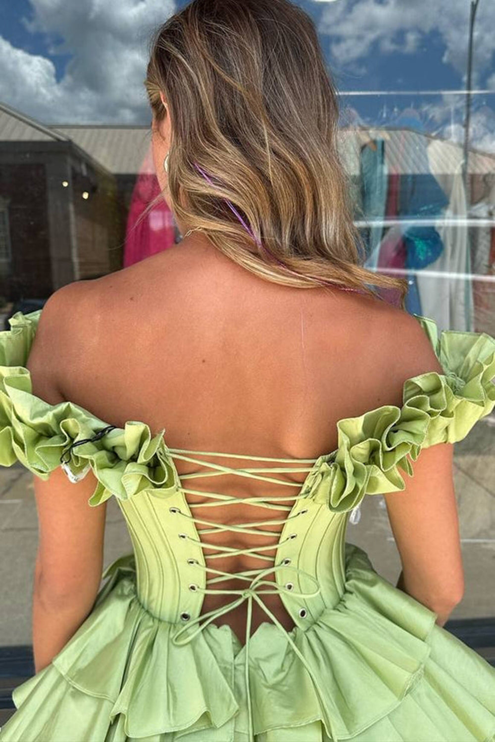 Green Off The Shoulder A-Line Homecoming Dress with Ruffles Back Detail