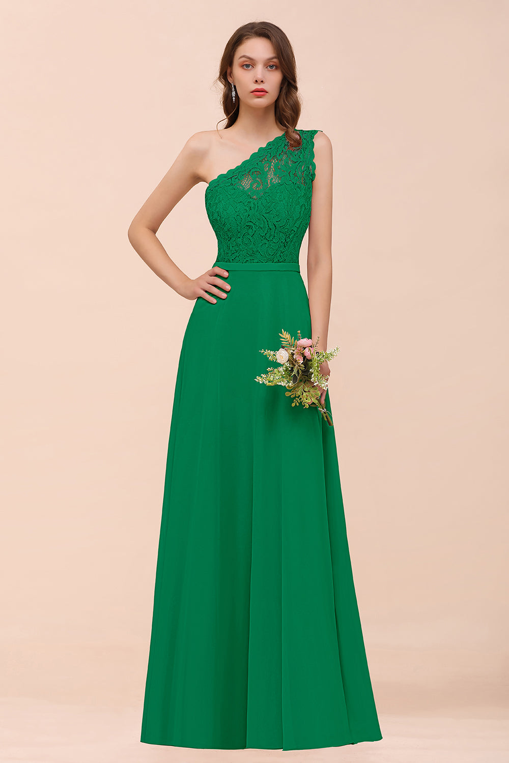 Green One Shoulder Chiffon A-Line Long Bridesmaid Dress