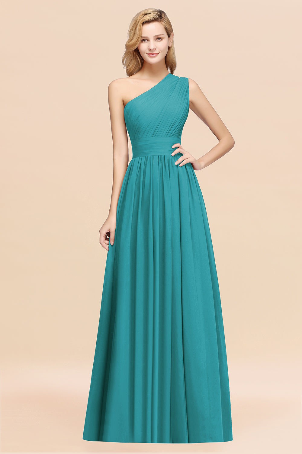 Green One Shoulder Chiffon A-Line Long Bridesmaid Dress