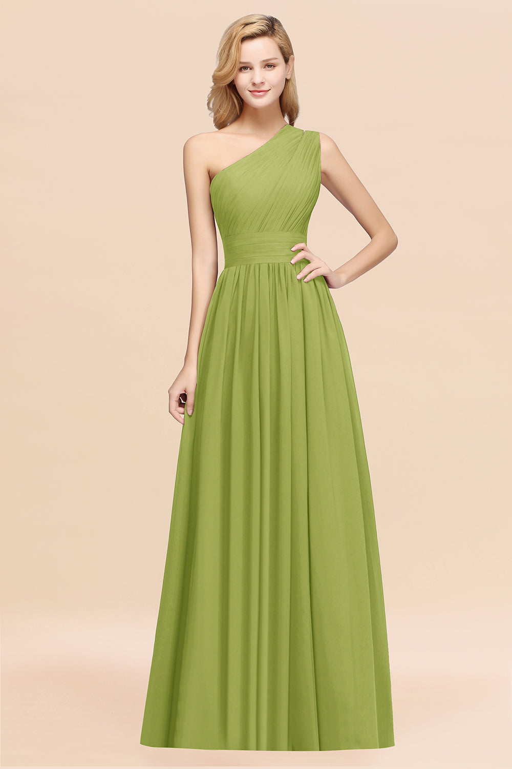 Green One Shoulder Chiffon A-Line Long Bridesmaid Dress
