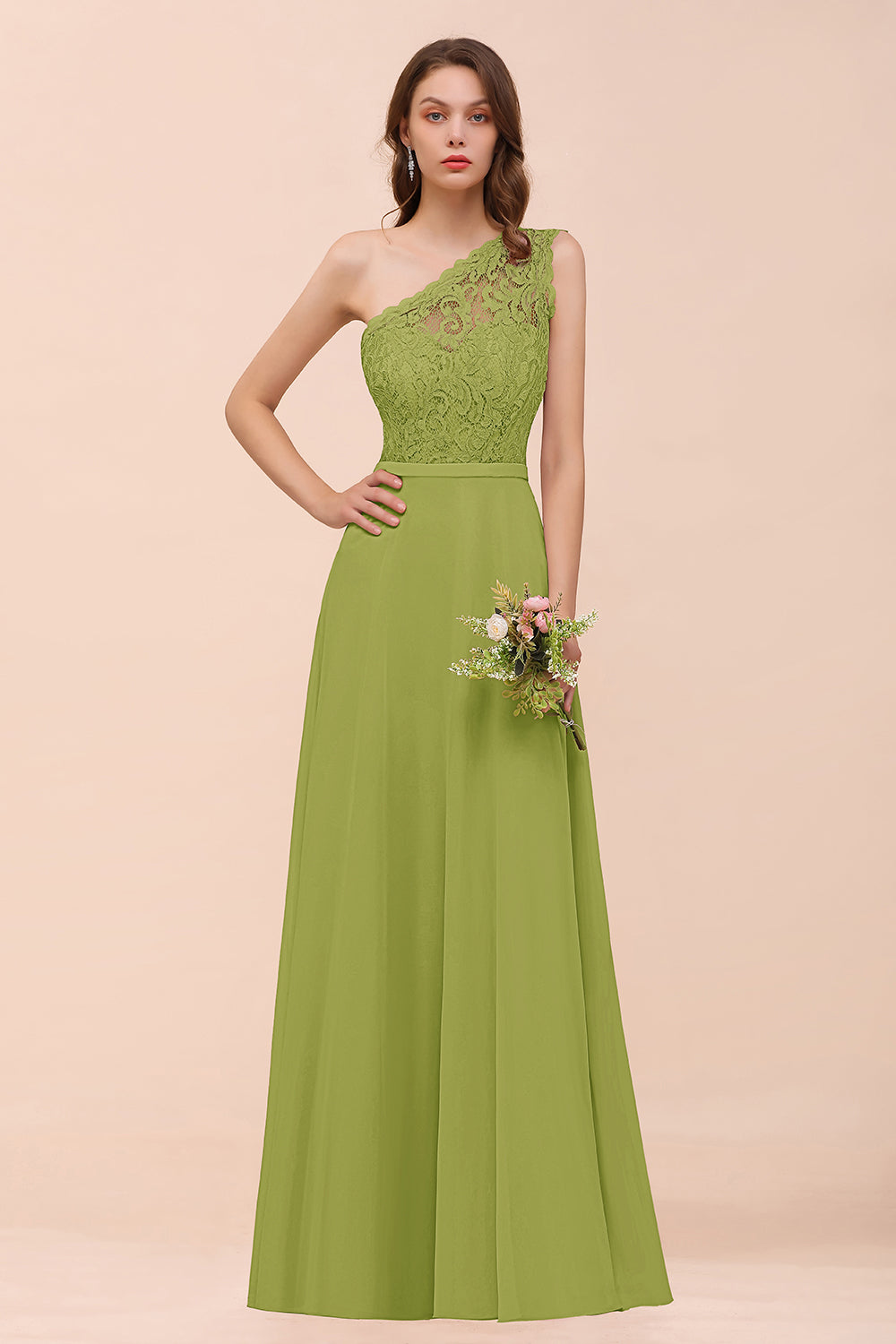 Green One Shoulder Chiffon A-Line Long Bridesmaid Dress