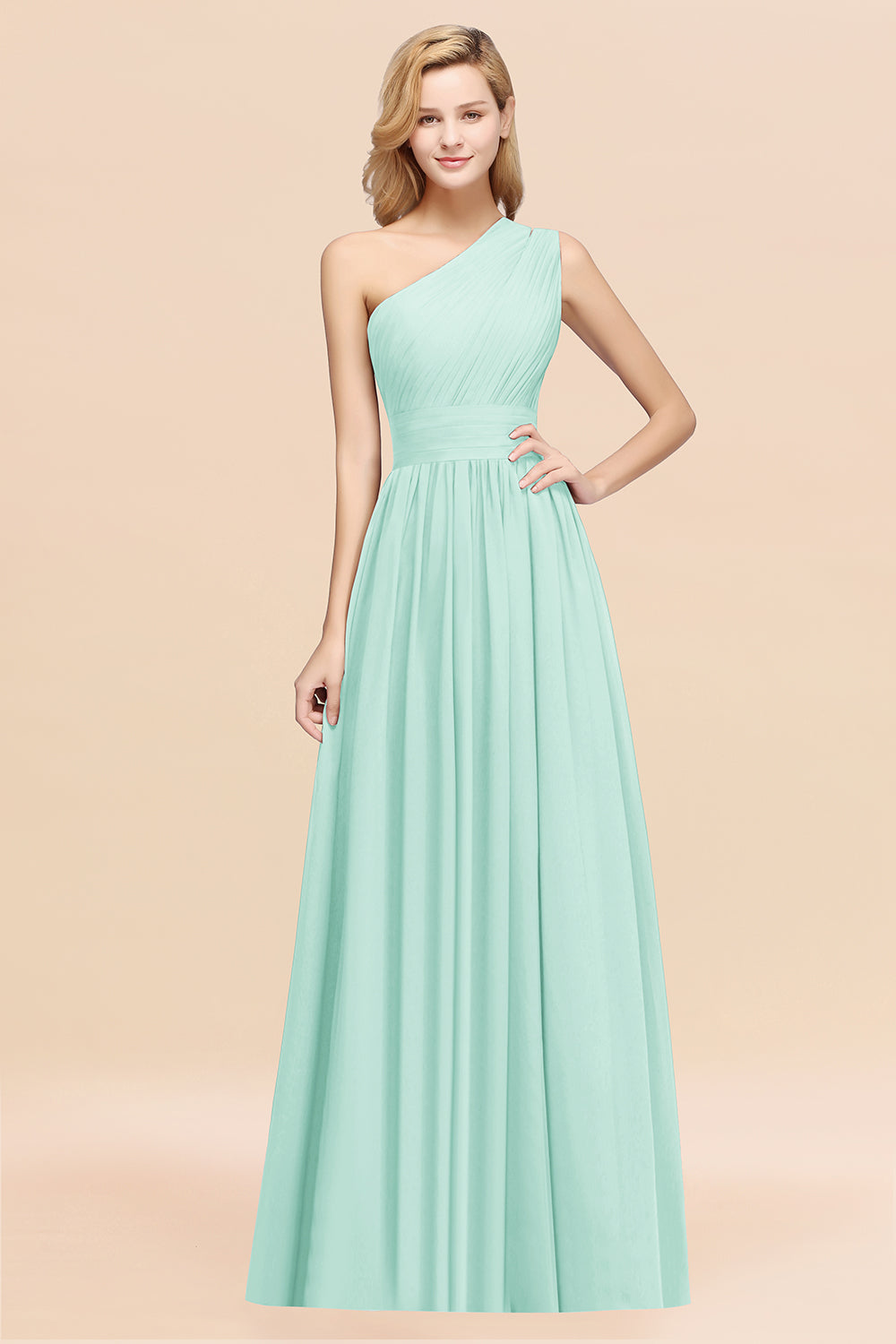 Green One Shoulder Chiffon A-Line Long Bridesmaid Dress